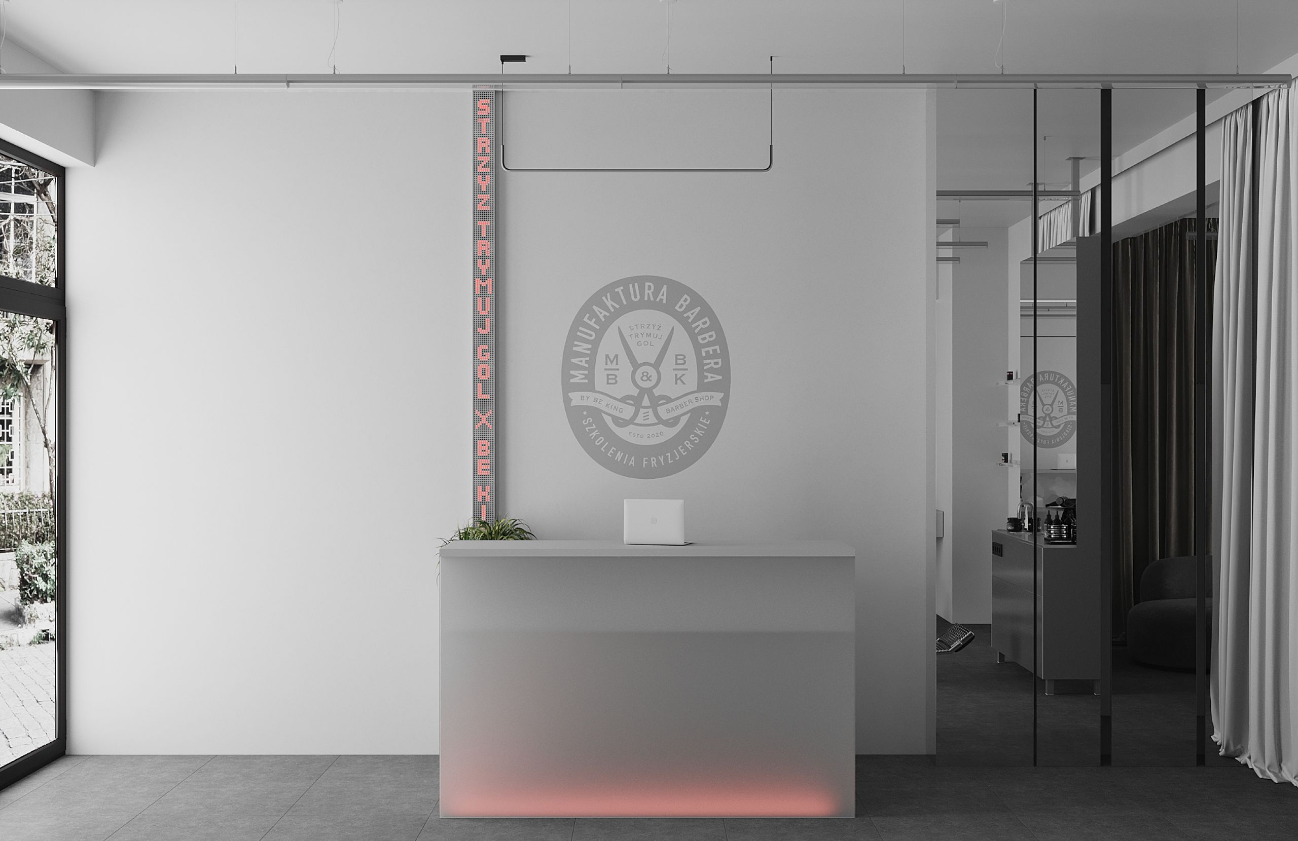 Modern barbershop interior featuring a reception desk and a large window, designed by 10:02 Bureau for Manufaktura Barbera, Krakow