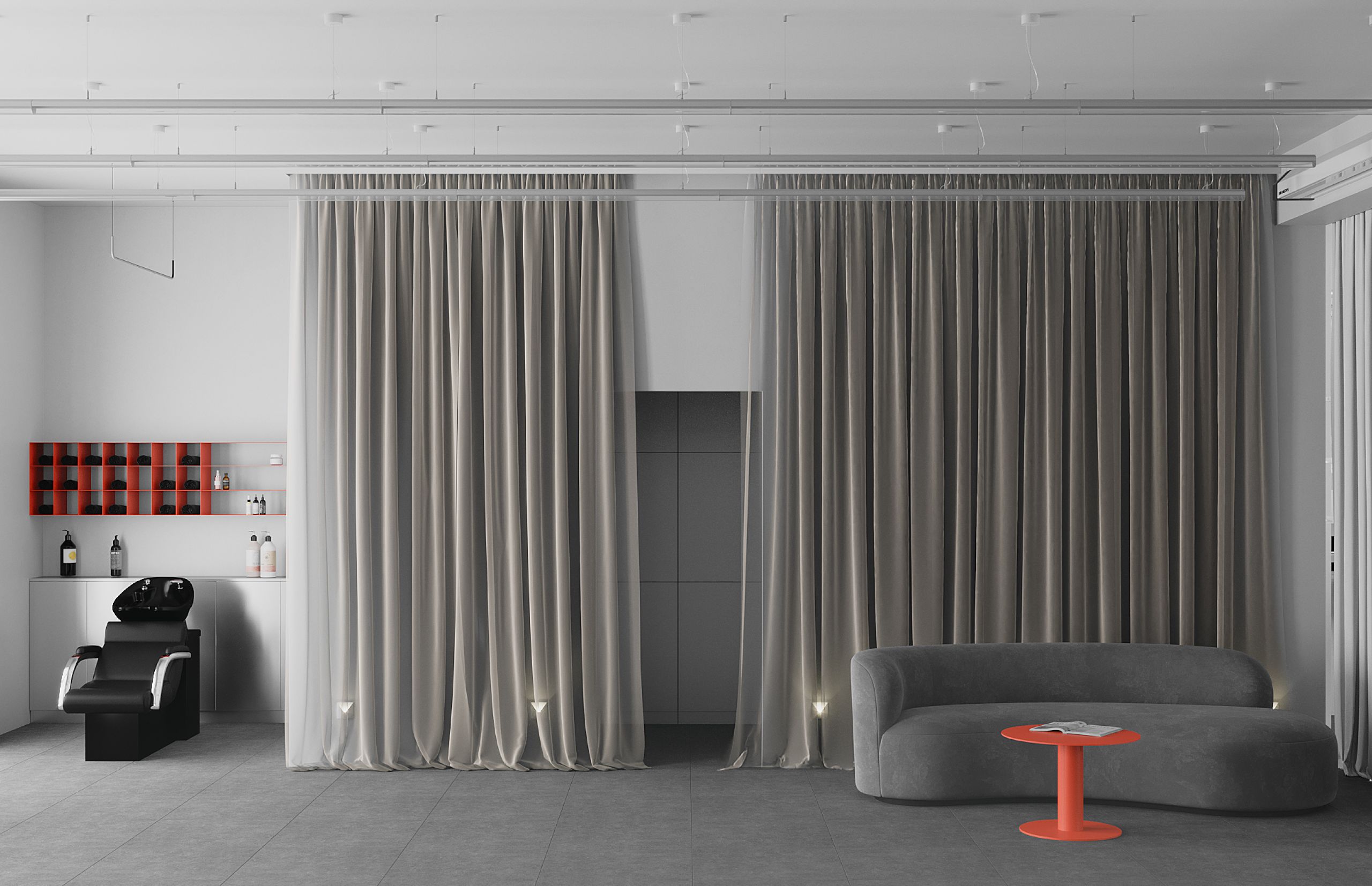 A stylish barbershop featuring a couch, chair, and table, designed by 10:02 Bureau for Manufaktura Barbera, Krakow